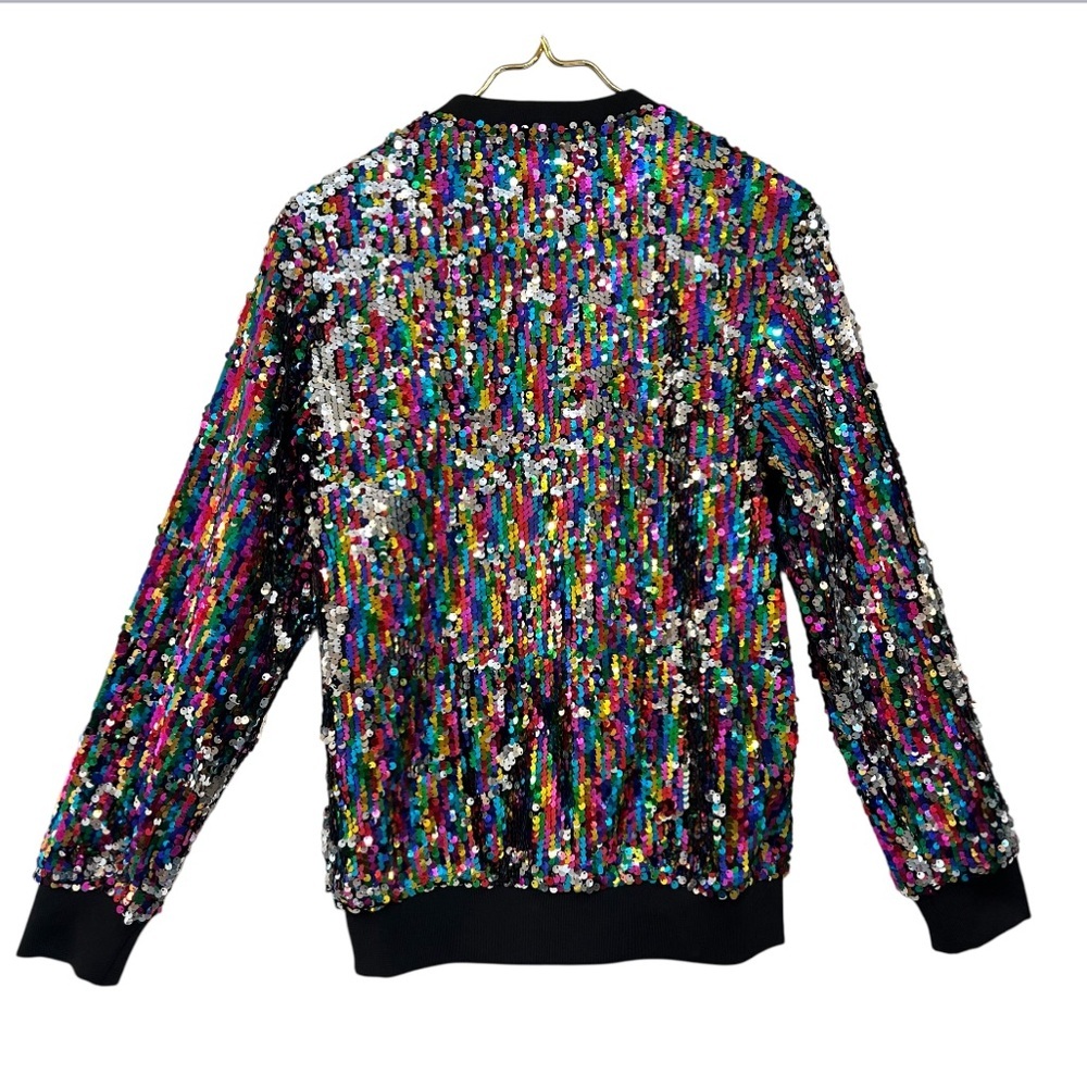 Cresay Multicolor & Silver Sequin Ribbed Trim Zip Front Bomber Jacket NWT - Picture 5 of 9
